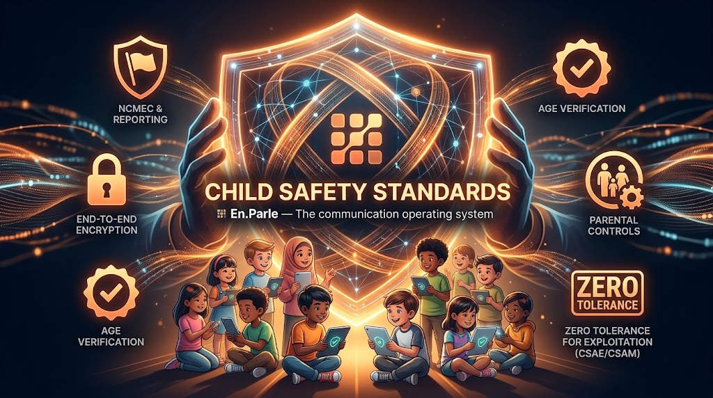 EnParle Child Safety Standards &mdash; end-to-end encryption, age verification, parental controls, zero tolerance for CSAE and CSAM, NCMEC reporting