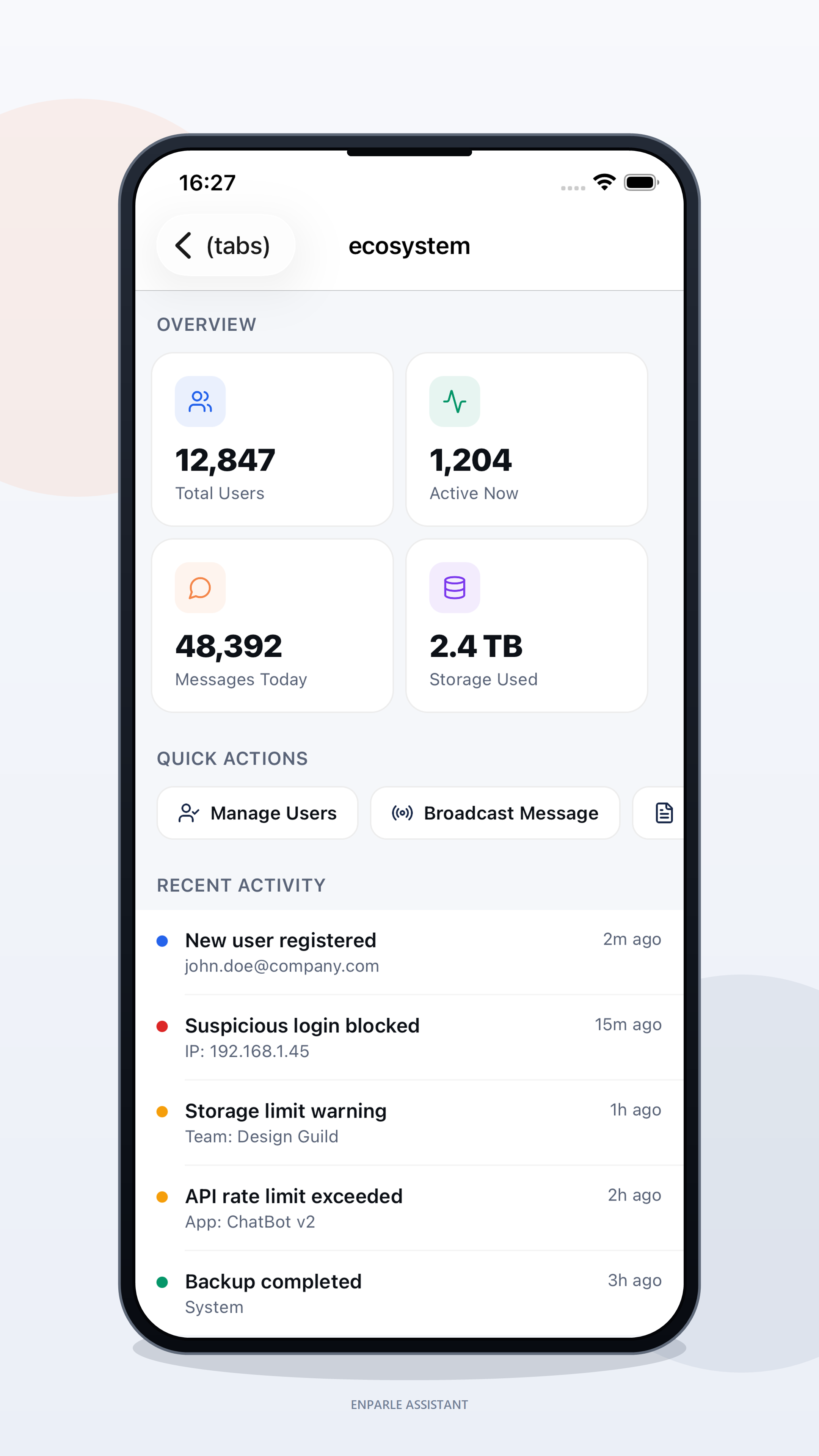 En.Parle Admin dashboard — user, message, and storage metrics alongside recent security activity