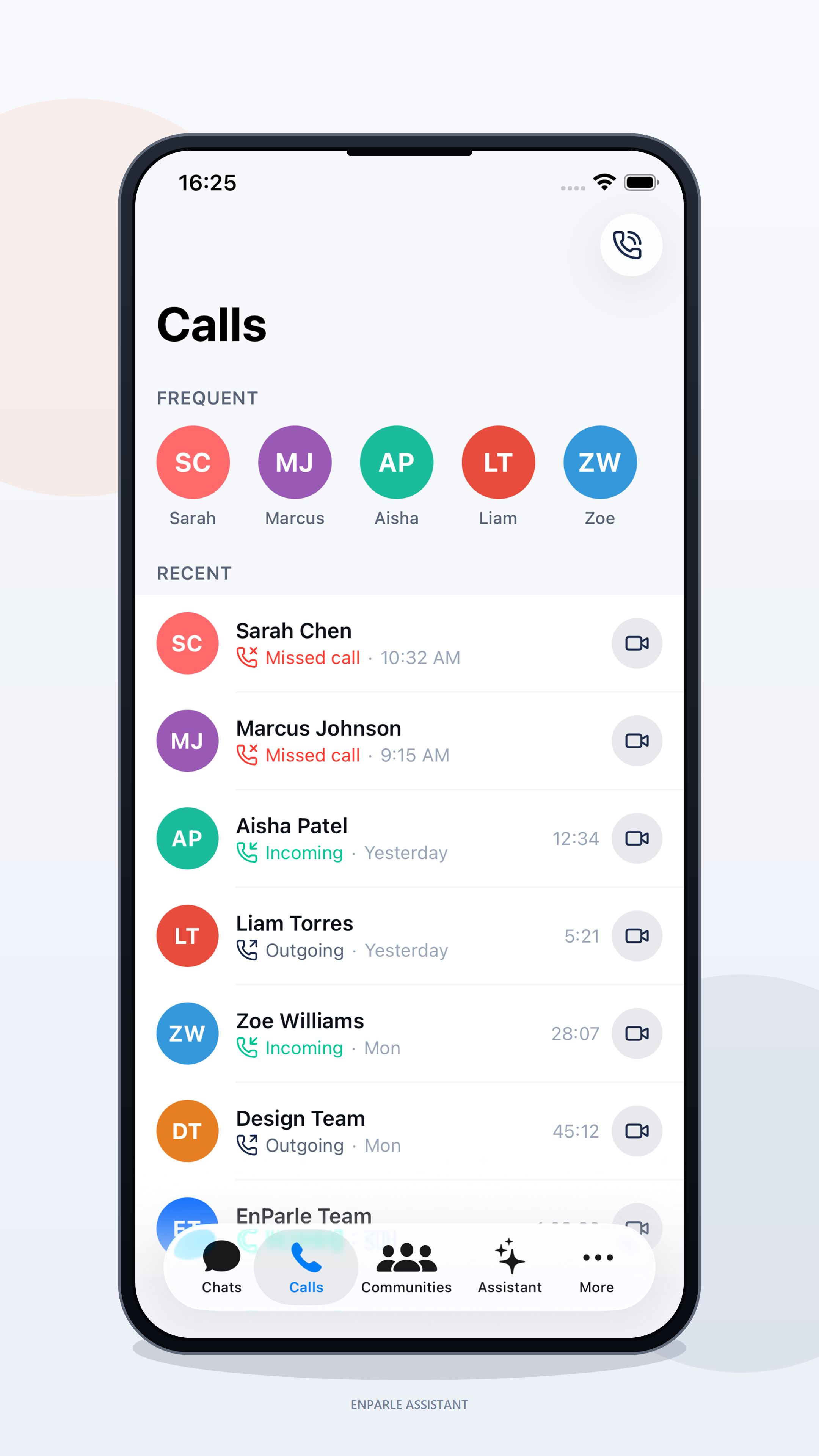 En.Parle Calls screen — frequent contacts and recent voice & video call history