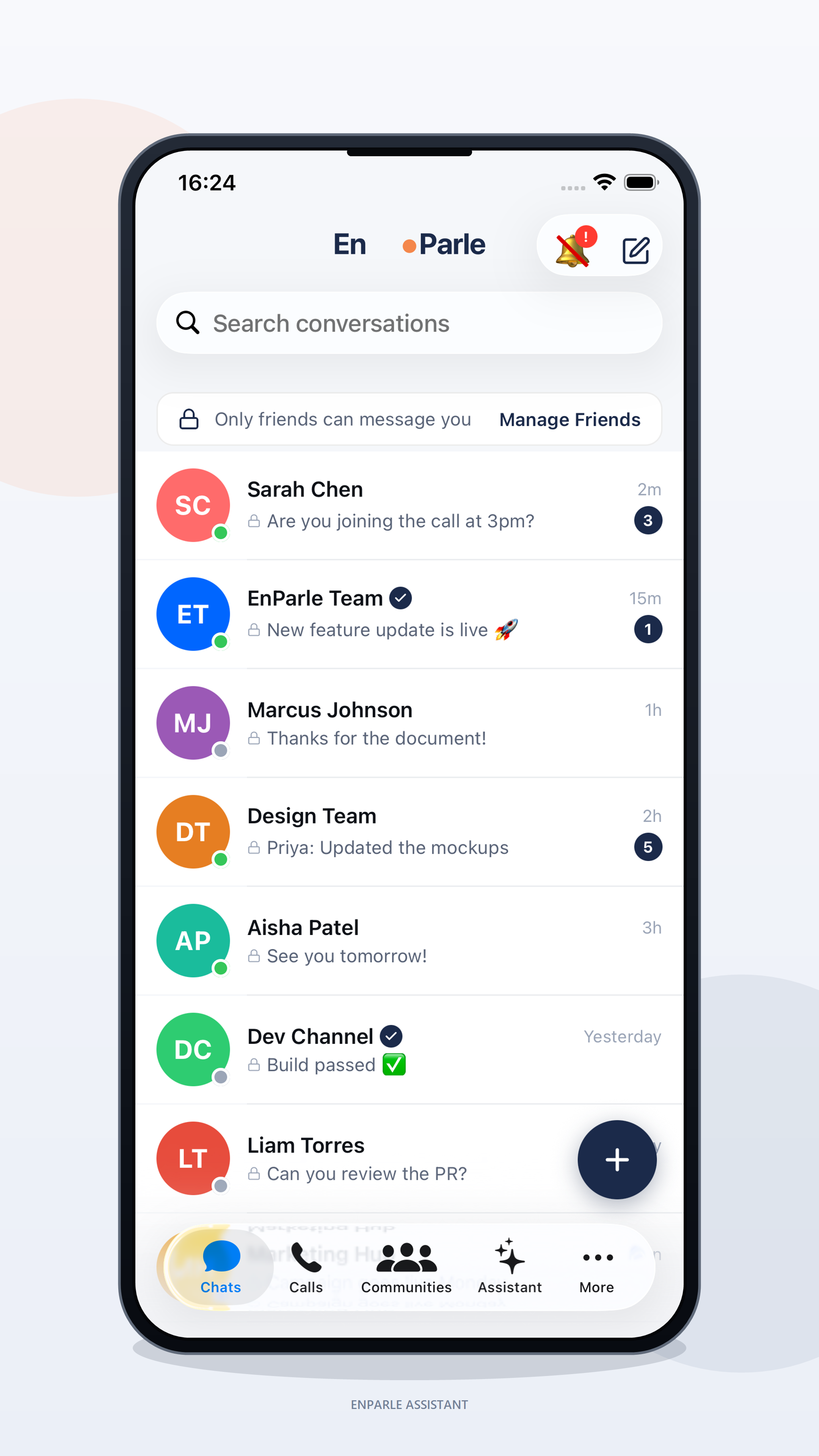 En.Parle Chats screen — conversation list with friends-only messaging control