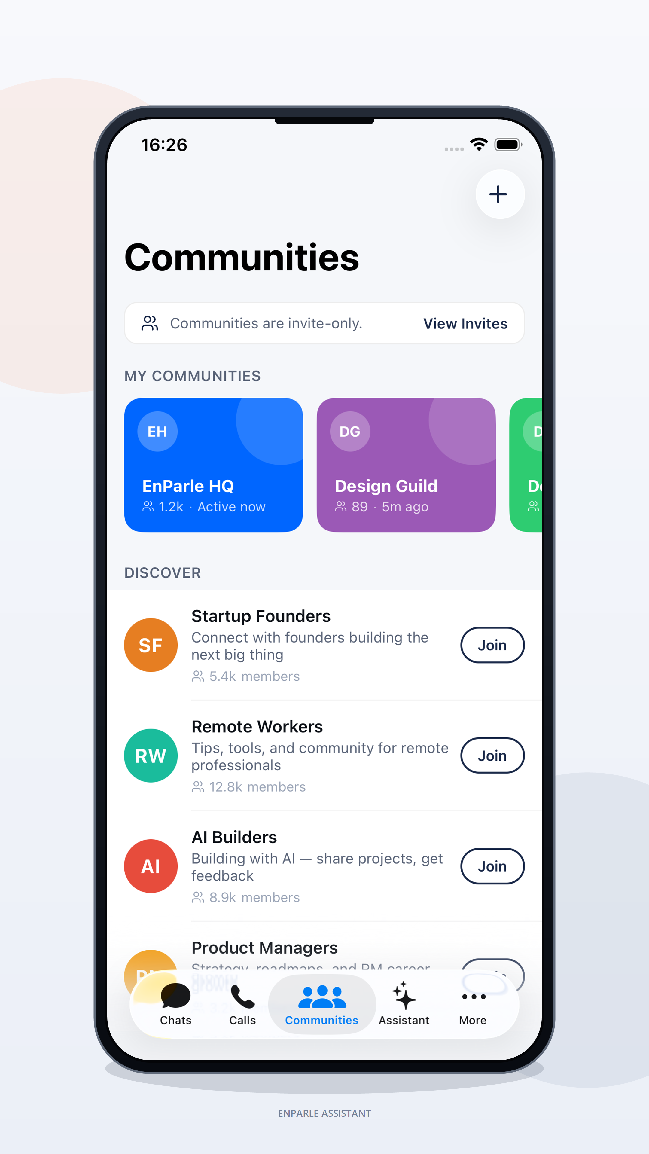 En.Parle Communities screen — joined communities and community discovery