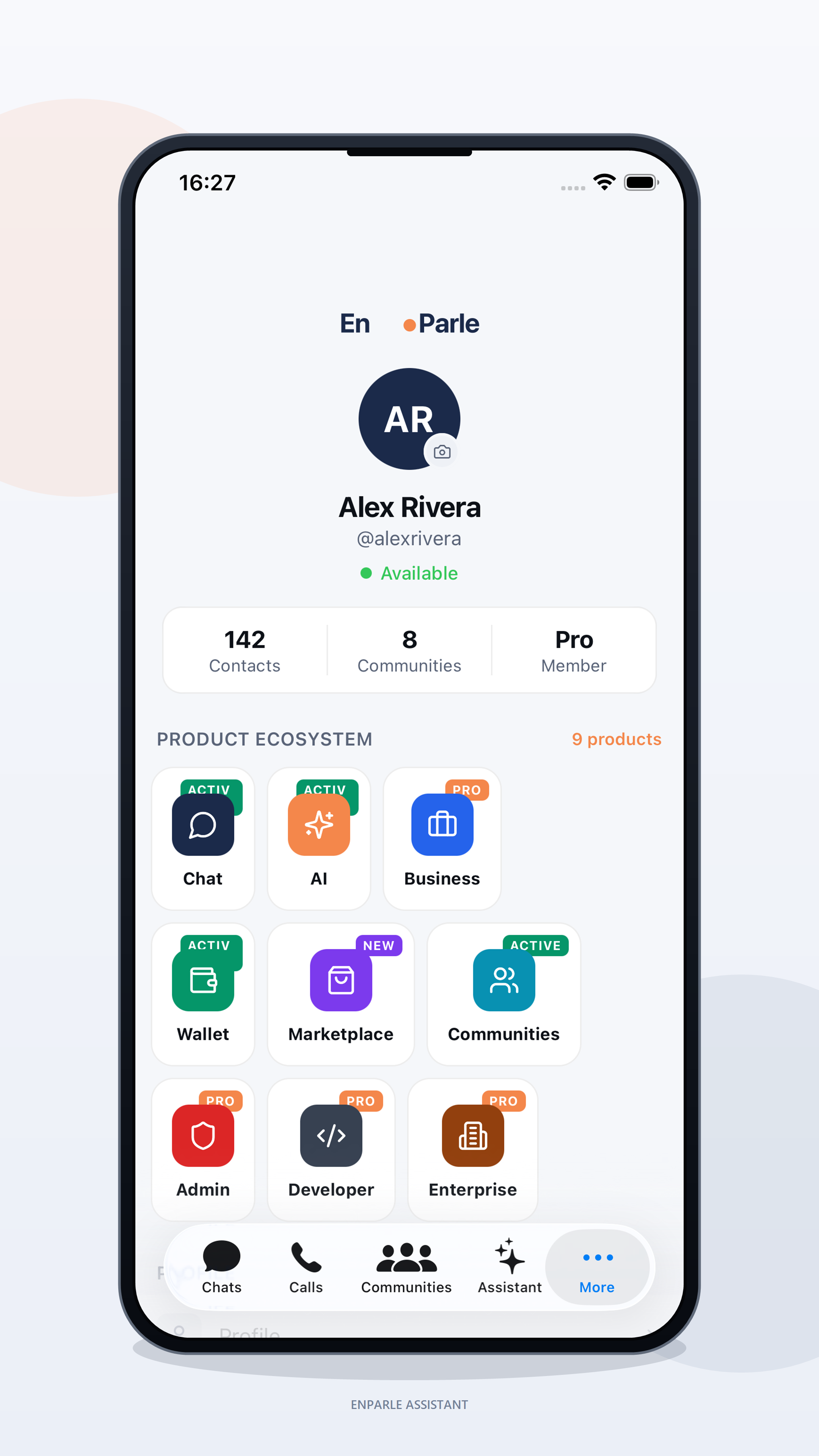 En.Parle profile screen showing the full product ecosystem — Chat, AI, Business, Wallet, Marketplace, Communities, Admin, Developer, and Enterprise